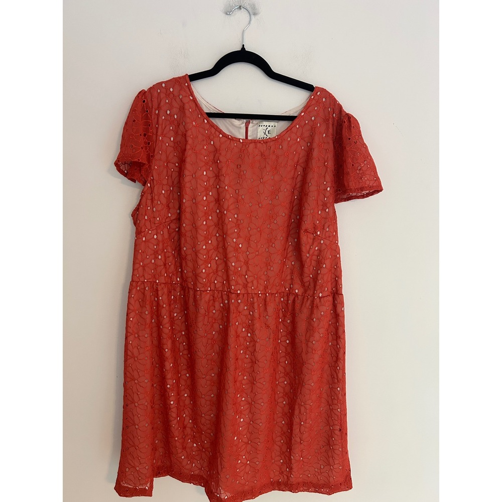 i(E) Indian‎ Connection Red Eyelet Lace Dress Womens 24W Short Sleeve Lined Midi